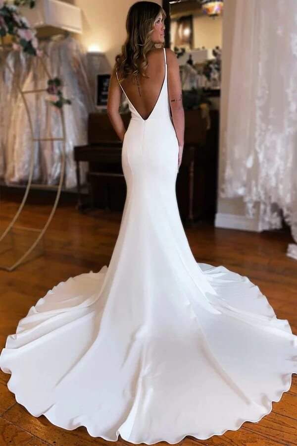 Satin Mermaid Plunge V Neck Backless Wedding Dress, PW414 | Promnova US16 / As Picture Satin Mermaid Plunge V Neck Backless Wedding Dress, PW414 | Promnova US16 / As Picture