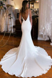 Simple Satin Mermaid Plunge V Neck Backless Wedding Dress, Bridal Gown, PW414 image 2