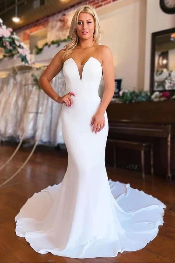 Strapless Chapel Train Mermaid Long Satin Wedding Dresses TN318 US12 / White