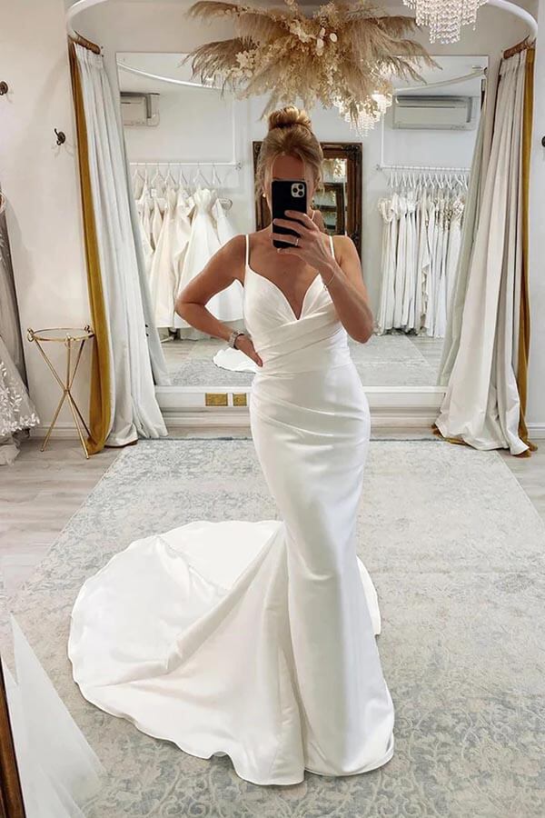 Spaghetti Straps V-neck Pleats Simple Mermaid Satin Wedding Dress US8 / Custom Color Spaghetti Straps V-neck Pleats Simple Mermaid Satin Wedding Dress US8 / Custom Color