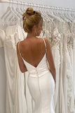 Simple Satin Mermaid V-neck Spaghetti Straps Pleated Wedding Dresses, PW368 | satin wedding dress | wedding dress stores | wedding dress near me | promnova.com