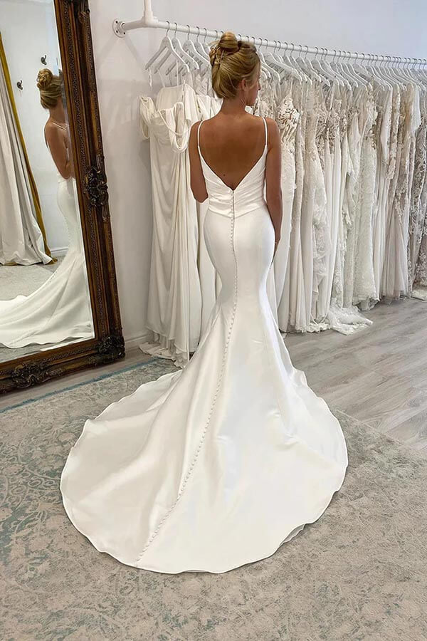 Spaghetti Straps V-neck Pleats Simple Mermaid Satin Wedding Dress US8 / Custom Color Spaghetti Straps V-neck Pleats Simple Mermaid Satin Wedding Dress US8 / Custom Color