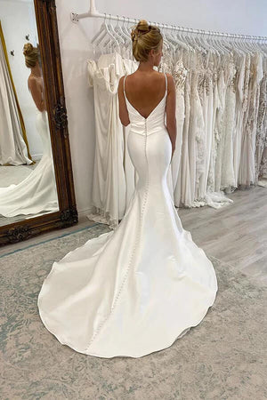 Simple Satin Mermaid V-neck Spaghetti Straps Pleated Wedding Dresses, PW368 | simple wedding dress | cheap wedding dresses online | bridal style | promnova.com