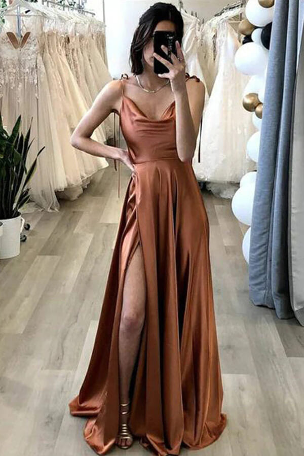 Simple Silk Satin A Line Spaghetti Straps Long Prom Dresses, Evening Dress,  PL560