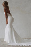 Simple Stretch Satin Mermaid V Neck Wedding Dresses With Train, PW519 | simple wedding dress | satin wedding dress | sexy wedding dress | promnova.com