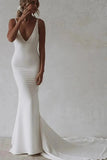 Simple Stretch Satin Mermaid V Neck Wedding Dresses With Train, PW519