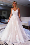 Simple Tulle A Line V Neck Wedding Dresses With Lace Appliques, Bridal Gowns, PW535 | cheap lace wedding dress | bohemian wedding dress | sexy wedding dress | promnova.com