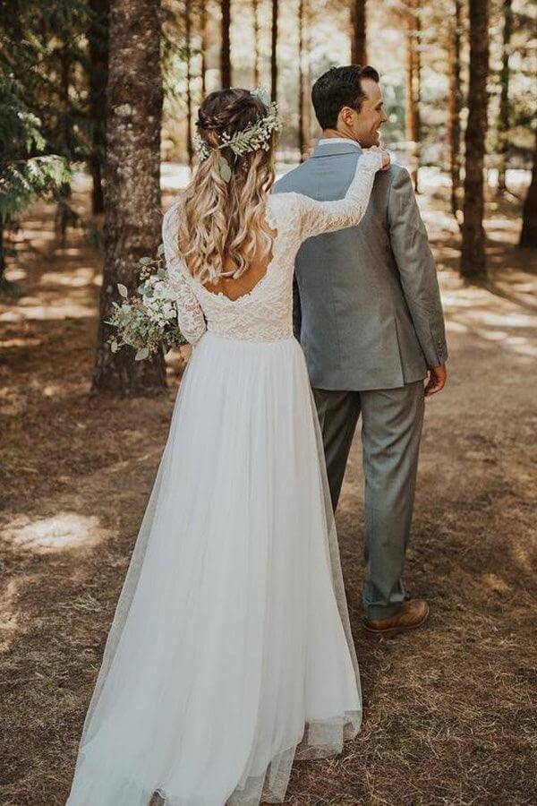 Simple Tulle Lace Top A-line Long Sleeves Wedding Dresses, Bridal Gowns, PW359 | outdoor wedding dresses | long sleeves wedding dresses | cheap lace wedding dress | promnova.com