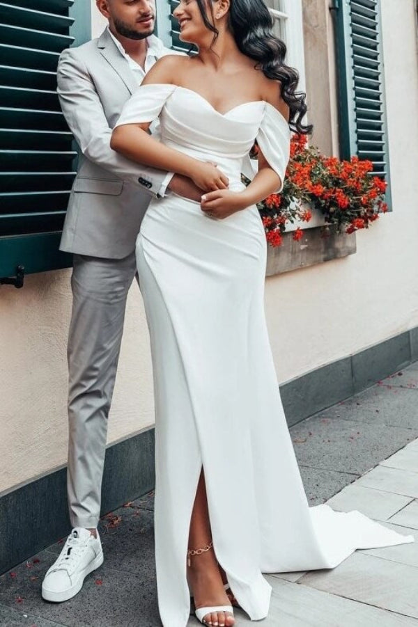 Simple Satin Mermaid Sweetheart Neck Wedding Dresses With Slit, Bridal Gown, PW533 | winter wedding dress | cheap wedding dress online | boho wedding dress | promnova.com