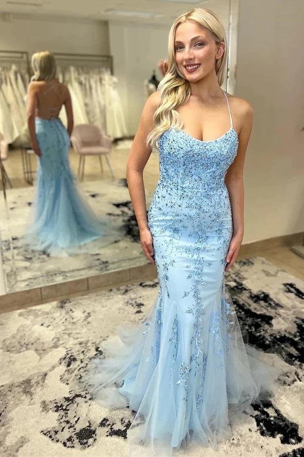 Sky Blue Mermaid Spaghetti Straps Prom Dresses With Lace Appliques, PL586 | mermaid prom dress | blue prom dresses | lace prom dresses | promnova.com