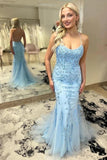 Sky Blue Mermaid Spaghetti Straps Prom Dresses With Lace Appliques, PL586