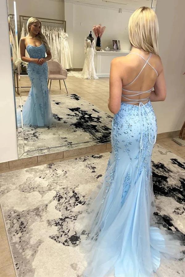 Sky Blue Mermaid Spaghetti Straps Prom Dresses With Lace Appliques, PL586 | evening dresses | party dress | long formal dress | promnova.com