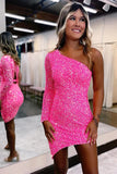 Spakrly Hot Pink Sequins One Shoulder Short Homecoming Dresses, PH446