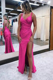 Sparkly Beaded Dark Red Satin Mermaid V Neck Long Prom Dresses With Slit, PL789 image 5