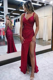 Sparkly Beaded Dark Red Satin Mermaid V Neck Long Prom Dresses With Slit, PL789
