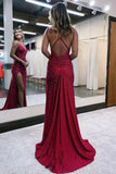 Sparkly Beaded Dark Red Satin Mermaid V Neck Long Prom Dresses With Slit, PL789 image 2