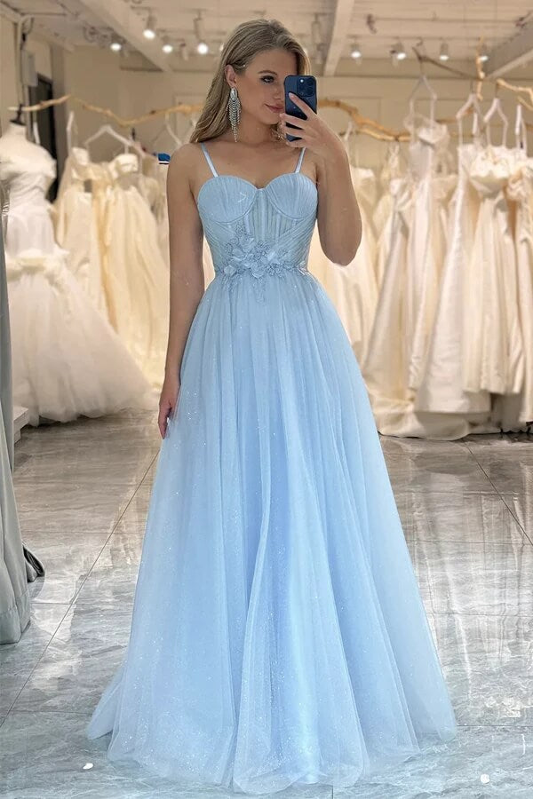 Sparkly Blue Tulle A Line Spaghetti Straps Prom Dresses, Evening Dress, PL567 | blue prom dress | new arrival prom dress | party dress | promnova.com