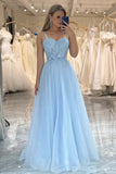 Sparkly Blue Tulle A Line Spaghetti Straps Prom Dresses, Evening Dress, PL579