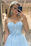 Sparkly Blue Tulle A Line Spaghetti Straps Prom Dresses, Evening Dress, PL567 | simple prom dress | sparkly prom dress | prom dresses online | promnova.com