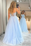 Sparkly Blue Tulle A Line Spaghetti Straps Prom Dresses, Evening Dress, PL567 | cheap long prom dresses | long formal dresses | evening gown | promnova.com