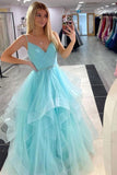 Sparkly Blue Tulle A Line V Neck Spaghetti Straps Long Prom Dresses, PL625