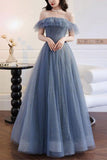 Sparkly Gray Blue Tulle A Line Off Shoulder Long Prom Dress, Evening Gown, PL567 | sparkly prom dress | tulle prom dress | evening dress | promnova.com