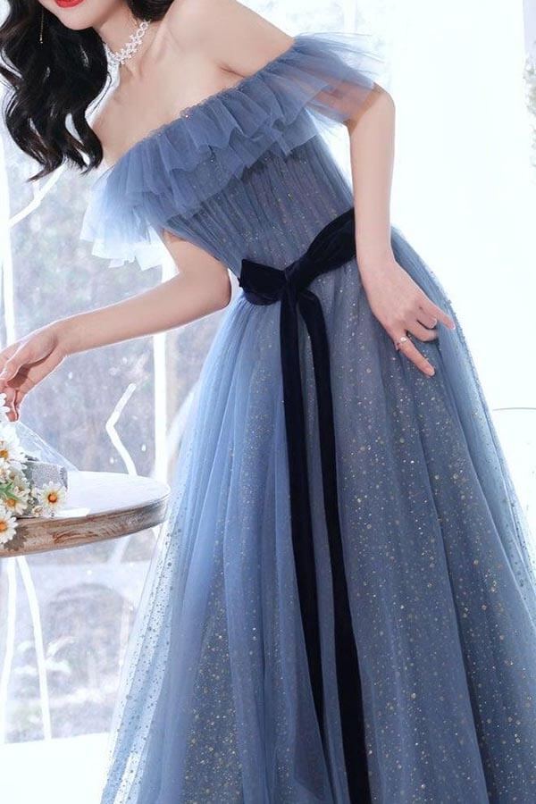 Sparkly Gray Blue Tulle A Line Off Shoulder Long Prom Dress, Evening Gown, PL567 | cheap prom dresses online | long formal dresses | party dresses | promnova.com