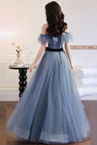 Sparkly Gray Blue Tulle A Line Off Shoulder Long Prom Dress, Evening Gown, PL567 | a line prom dresses | grey prom dresses | blue prom dress | promnova.com