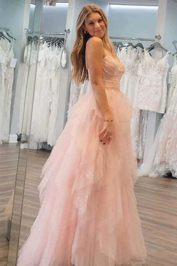 Sparkly Ling Pink Strapless Layered Tulle Sweetheart Prom Dresses, PL584 | cheap prom dresses online | party dress | long formal dresses | promnova.com
