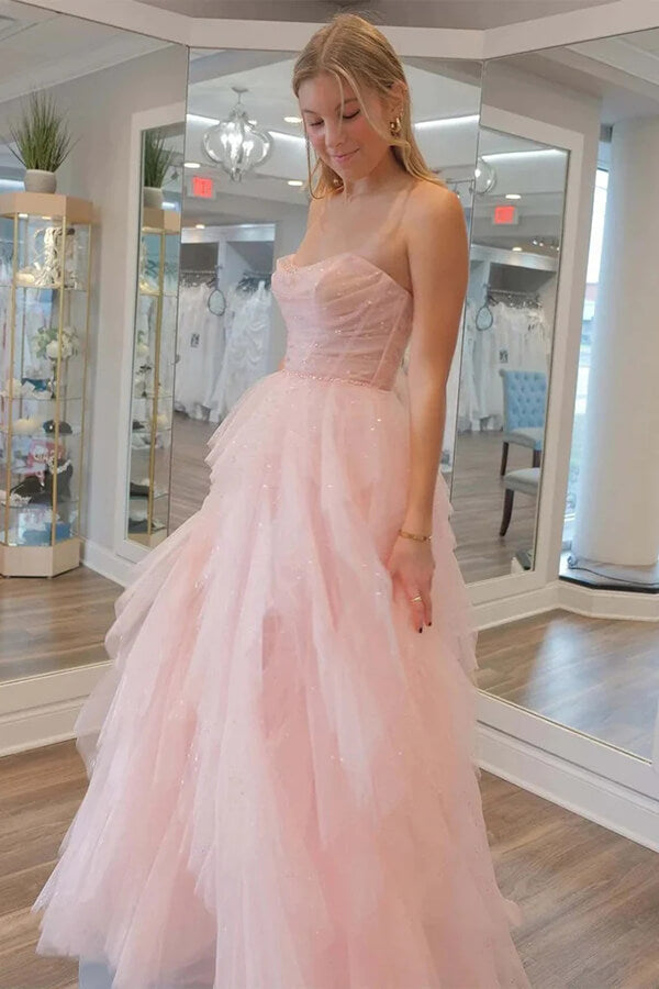 Sparkly Ling Pink Strapless Layered Tulle Sweetheart Prom Dresses, PL584 | sparkly prom dress | new arrival prom dress | evening gown | promnova.com