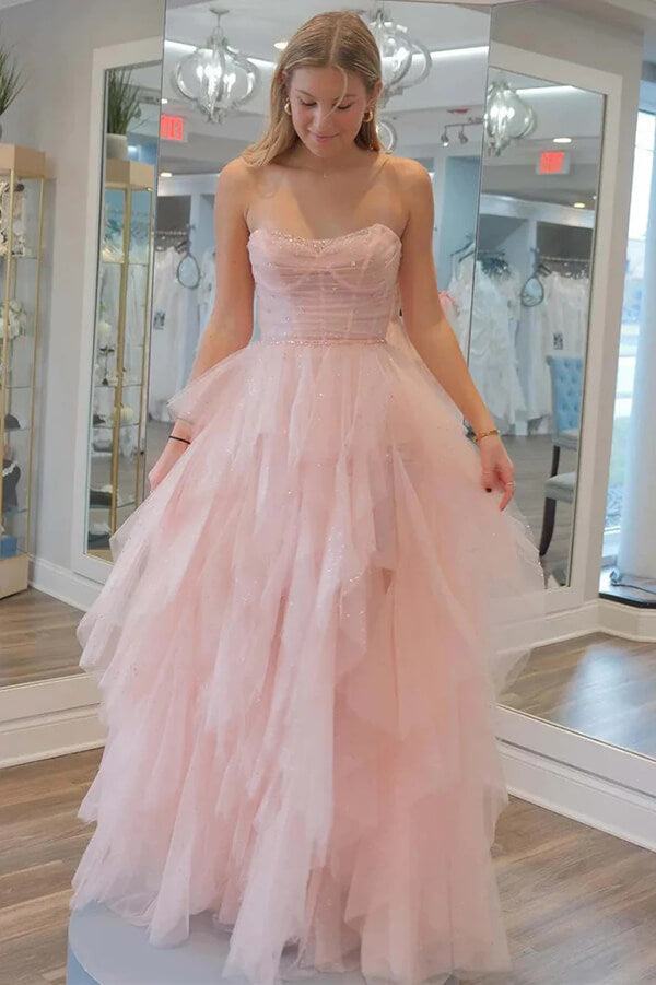 Sparkly Light Pink Strapless Layered Tulle Prom Dress PL584