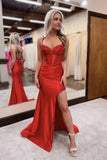 Sparkly Navy Blue Satin Mermaid Beaded Long Prom Dresses With Slit, PL669 image 3