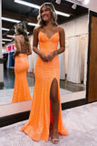 Sparkly Orange Mermaid High Slit Long Prom Dresses, Evening Dresses, PL659