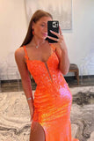 Sparkly Orange Sequins Spaghetti Straps Long Prom Dresses With Appliques, PL748 image 3