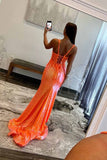 Sparkly Orange Sequins Spaghetti Straps Long Prom Dresses With Appliques, PL748 image 2