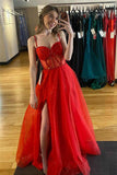 Sparkly Red A Line Corset Bodice Prom Dresses With Slit, Party Dress, PL589