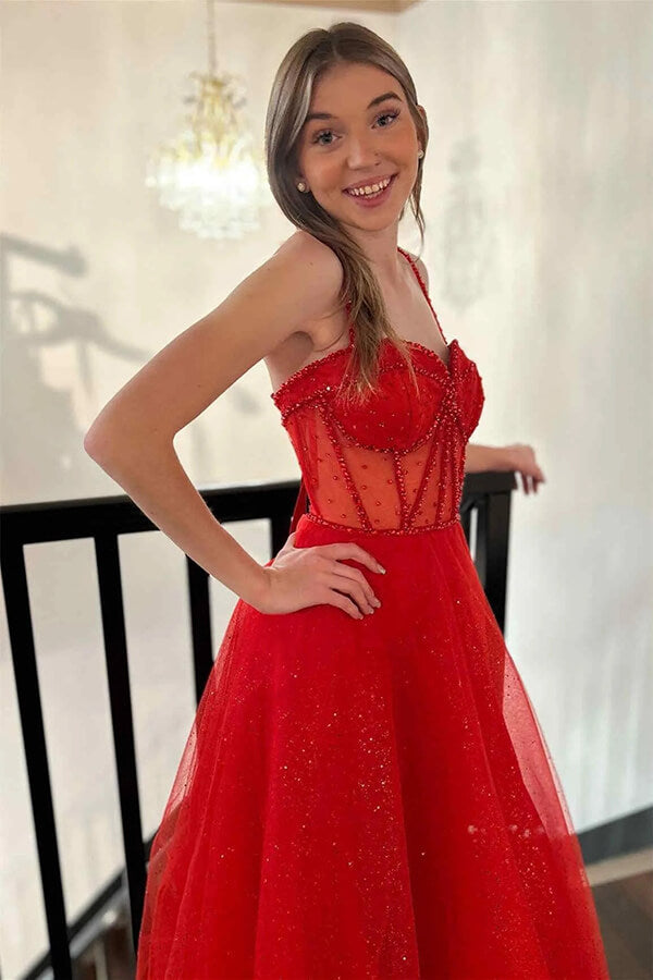 Sparkly Red A Line Corset Bodice Prom Dresses With Slit, Party Dress, PL589 image 2