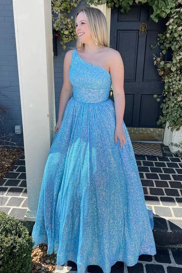 light blue one shoulder prom dress
