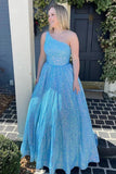 Sparkly Sequins Light Blue One Shoulder A Line Long Prom Dresses, PL598