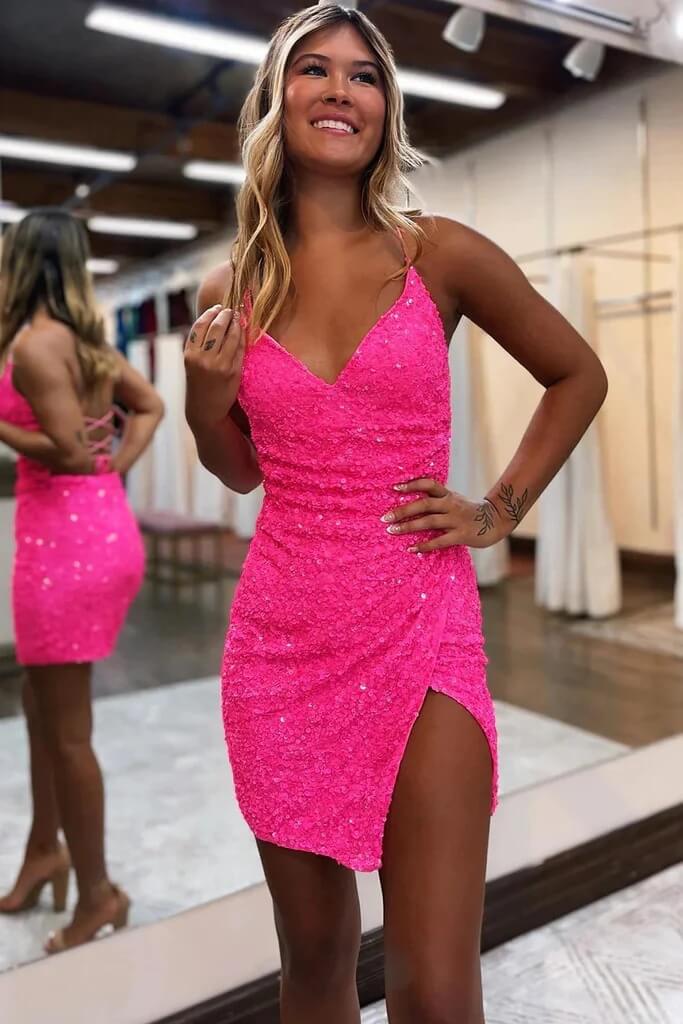 Sparkly Sequins V Neck Short Homecoming Dresses, PH433