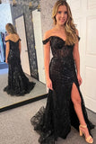 Sparkly Tulle Black Mermaid Off-the-Shoulder Long Prom Dresses With Slit, PL774 image 1