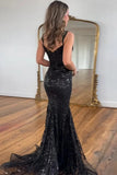 Sparkly Tulle Black Mermaid Off-the-Shoulder Long Prom Dresses With Slit, PL774 image 2