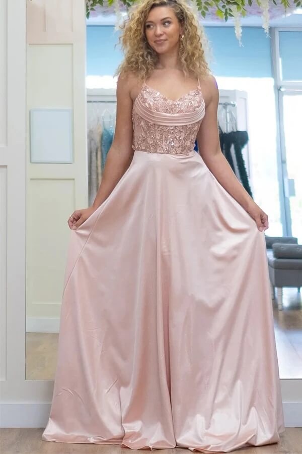 Sparkly Pink A Line Spaghetti Straps Beaded Lace Long Prom Dresses, PL686 | cheap prom dress | pink prom dress | beaded prom dress | promnova.com