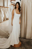 Stretchy Satin Square Neck Simple Wedding Dresses With Sweep Train, PW420