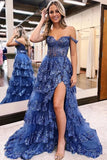 Stunning Tulle A Line Lace Tiered Prom Dresses With Slit, Evening Dresses, PL622 image 3