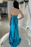 Teal Satin Sheath Rhinestone Strapless Prom Dresses With Slit, Party Dress, PL643 | mermaid prom dress | beaded prom dress | evening gown | promnova.com