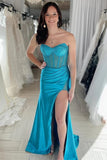 Teal Satin Sheath Rhinestone Strapless Prom Dresses With Slit, Party Dress, PL643
