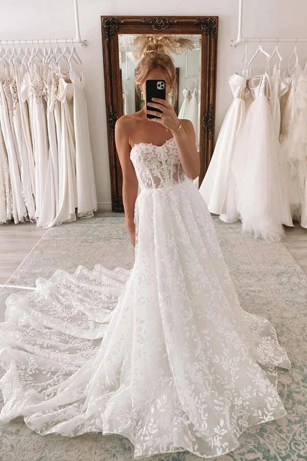 Tulle A line Sweetheart Bohemian Wedding Dresses With Lace Appliques PW377