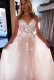 Tulle A-line V-neck Backless Spaghetti Straps Lace Floral Wedding  Dresses, PW380 image 3