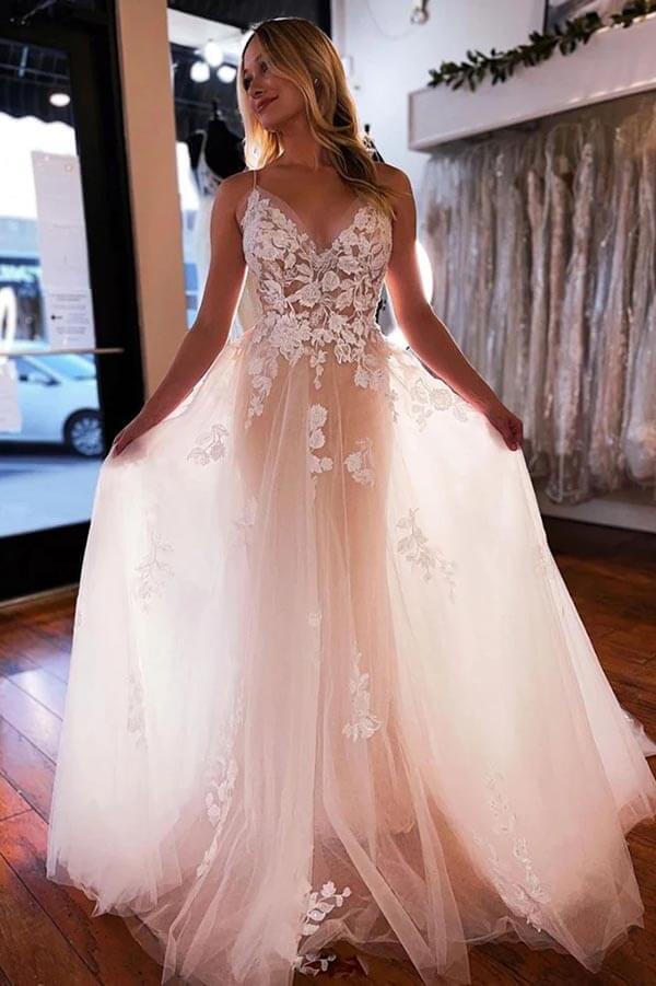 Tulle A-line V-neck Backless Spaghetti Straps Lace Floral Wedding  Dresses, PW380 image 1